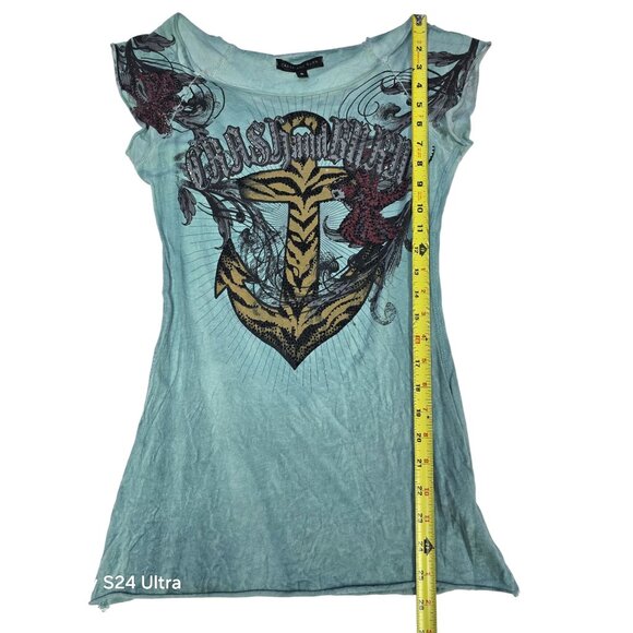 Crash & Burn Women's Graphic Tee Blue Sequins Glitter Anchor Semi Sheer Small - Picture 3 of 8